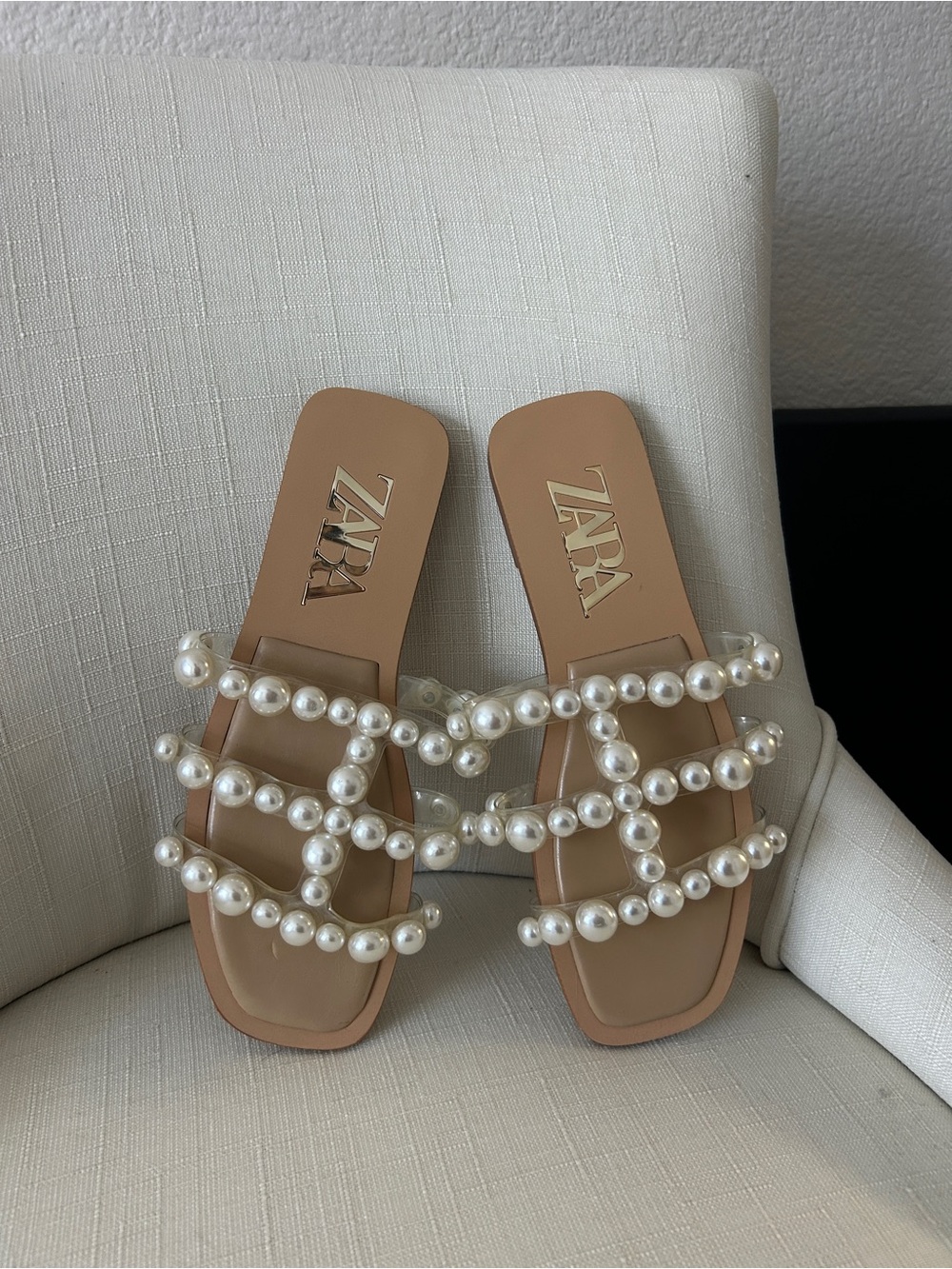 ZARA Tan Slide Sandals with Pearl-Strap Detail